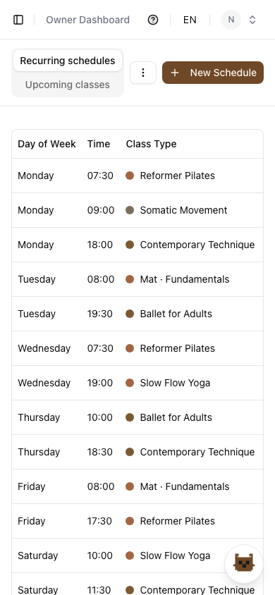 Weekly schedule builder in the owner panel