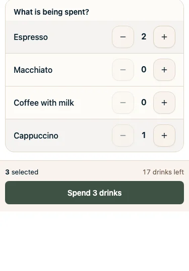 หน้าจอพนักงานบนมือถือ: รายการที่กำลังตัด Espresso 2 และ Cappuccino 1 แล้วปุ่มยืนยัน 3 แก้ว เหลือ 17 (คาเฟ่ทดสอบ) (ภาษาอังกฤษ)