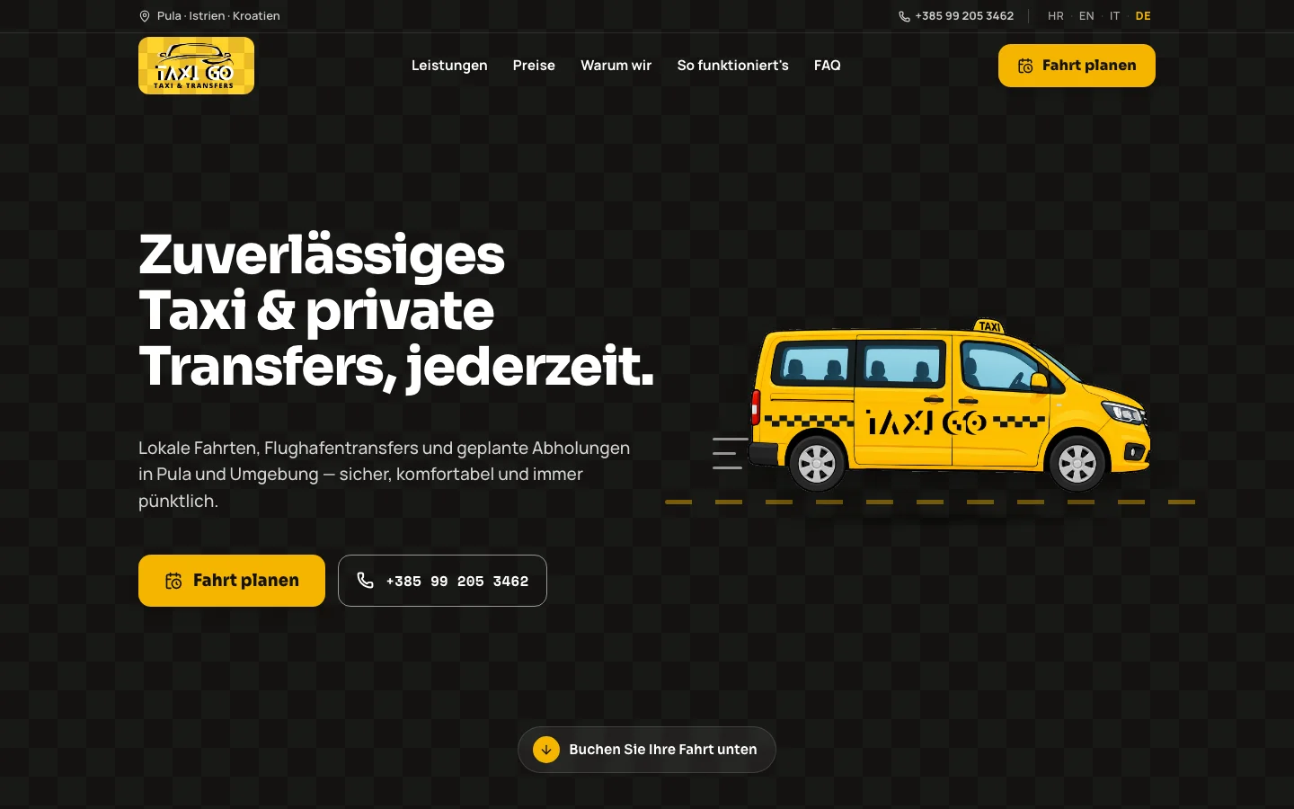 Die TaxiGo-Website: ein gelber Taxi-Van auf dunklem Hintergrund, mit Buttons zum Buchen und Anrufen