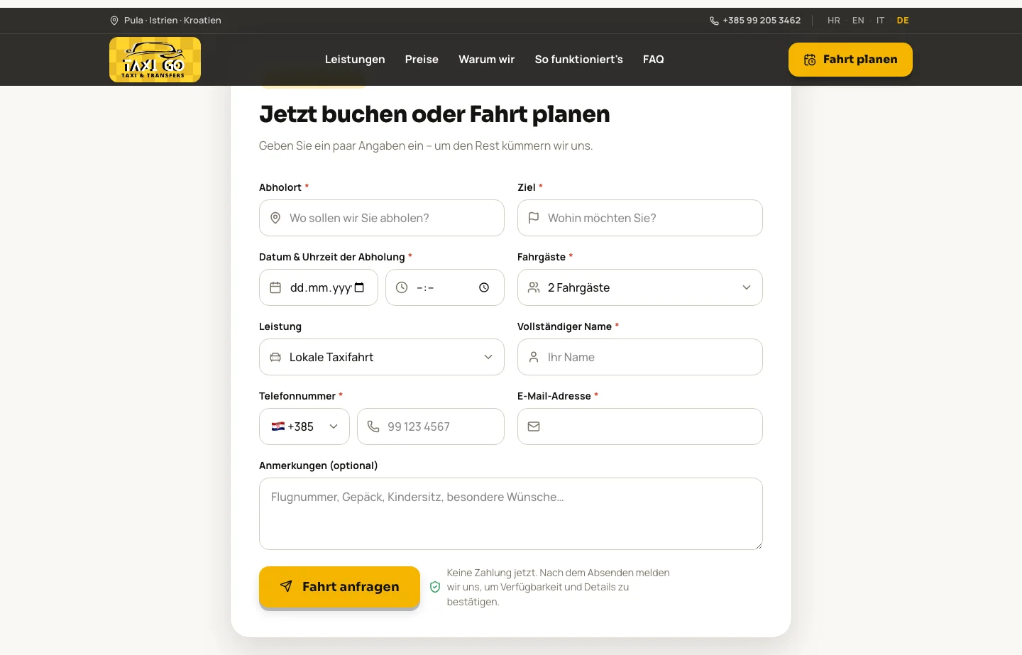 Das Fahrtanfrage-Formular auf der TaxiGo-Website: Abholung, Ziel, Datum und Uhrzeit, Fahrgäste, Leistung, Name, Telefon und E-Mail, mit einem Button zum Anfragen